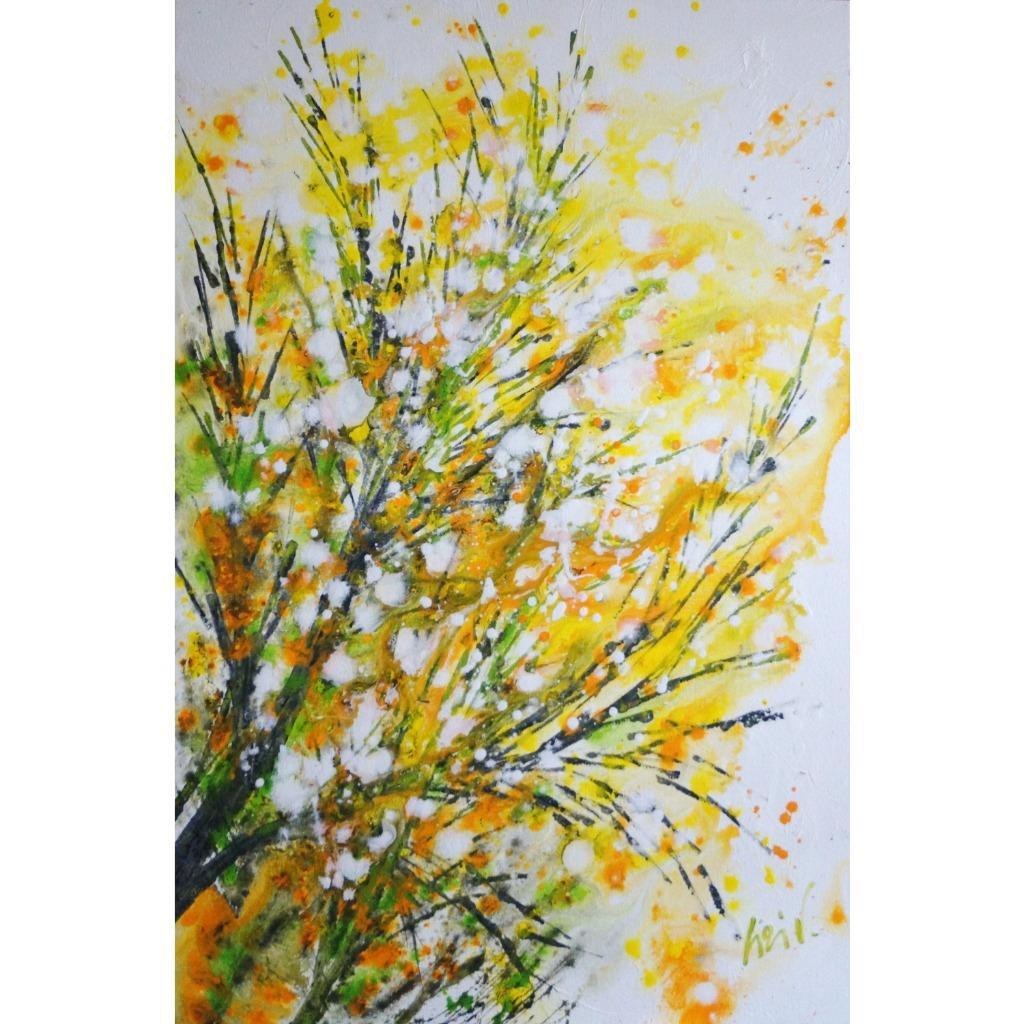 Forsythia Bloom Painting 24x36 Original Yellow White Floral Canvas Spring Wall