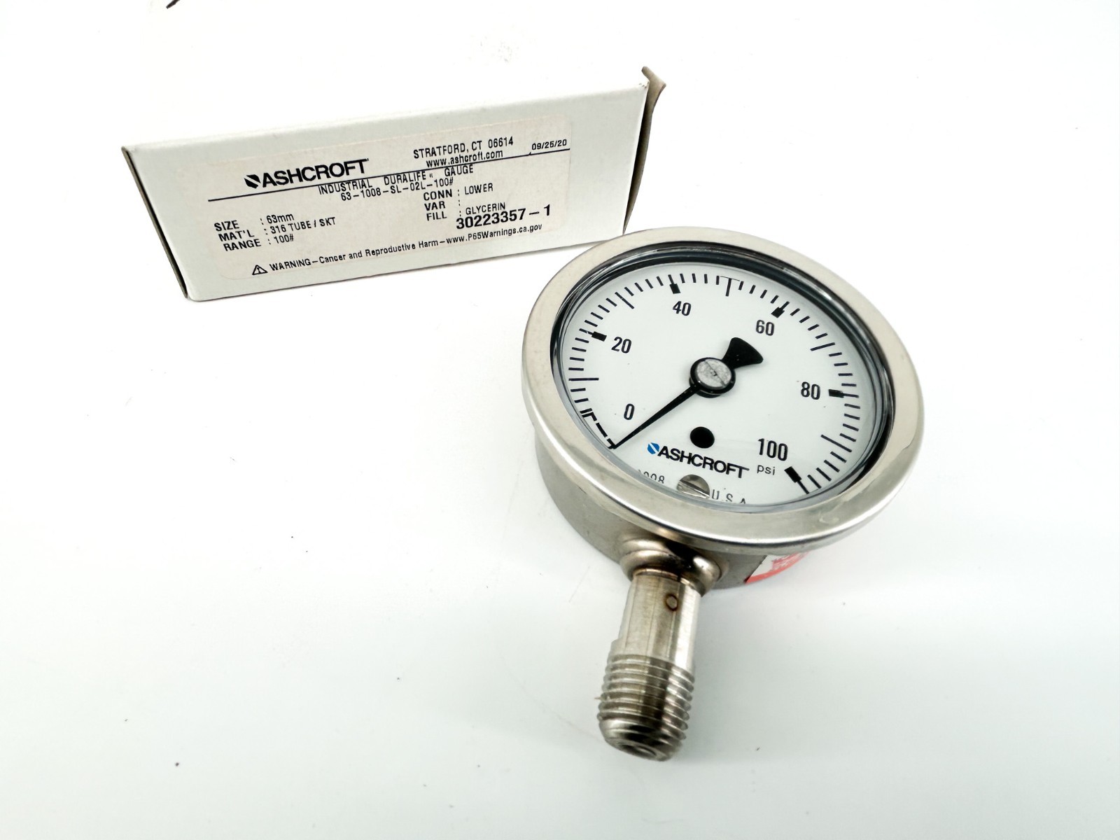 New Ashcroft 63-1008-SL-02L-100# Pressure Gauge 63mm 100psi 1/4\ New Ashcroft 63-1008-SL-02L-100# Pressure Gauge 63mm 100psi 1/4\