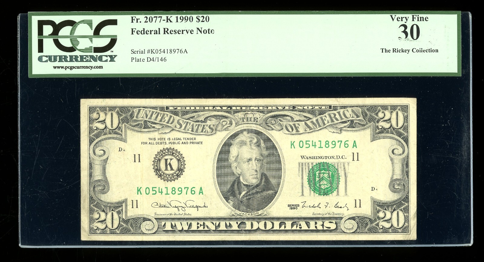 DBR 1990 $20 FRN Dallas Fr. 2077-K PCGS 30 Serial K05418976A