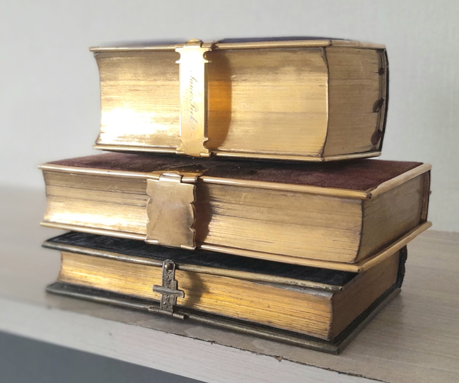 3 x ANTIQUE VELVET & BRASS BOUND BOOKS, VG CONDITION, 1860s