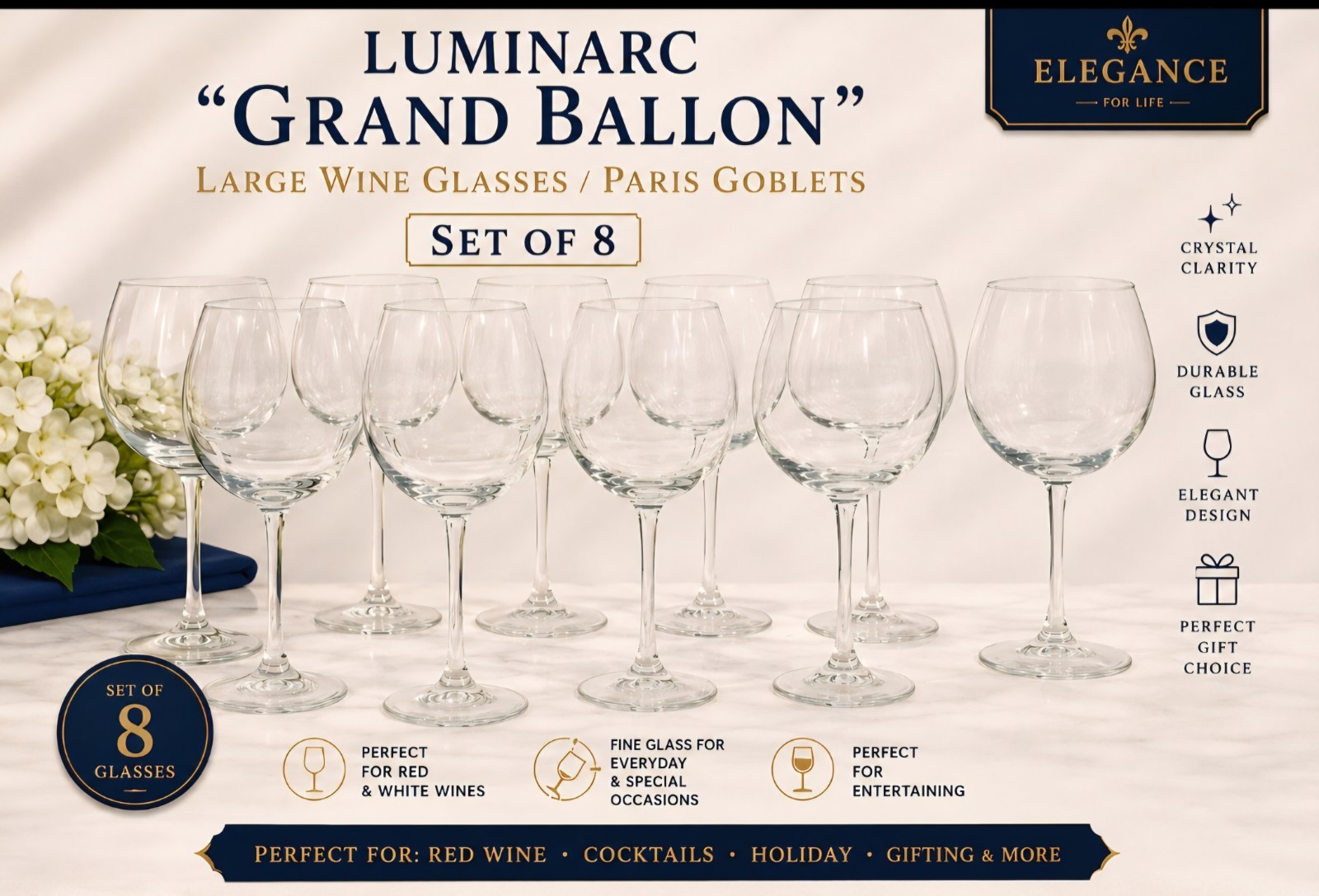 Luminarc Grand Ballon Vintage Wine Glasses Clear 16oz Set of 8 France