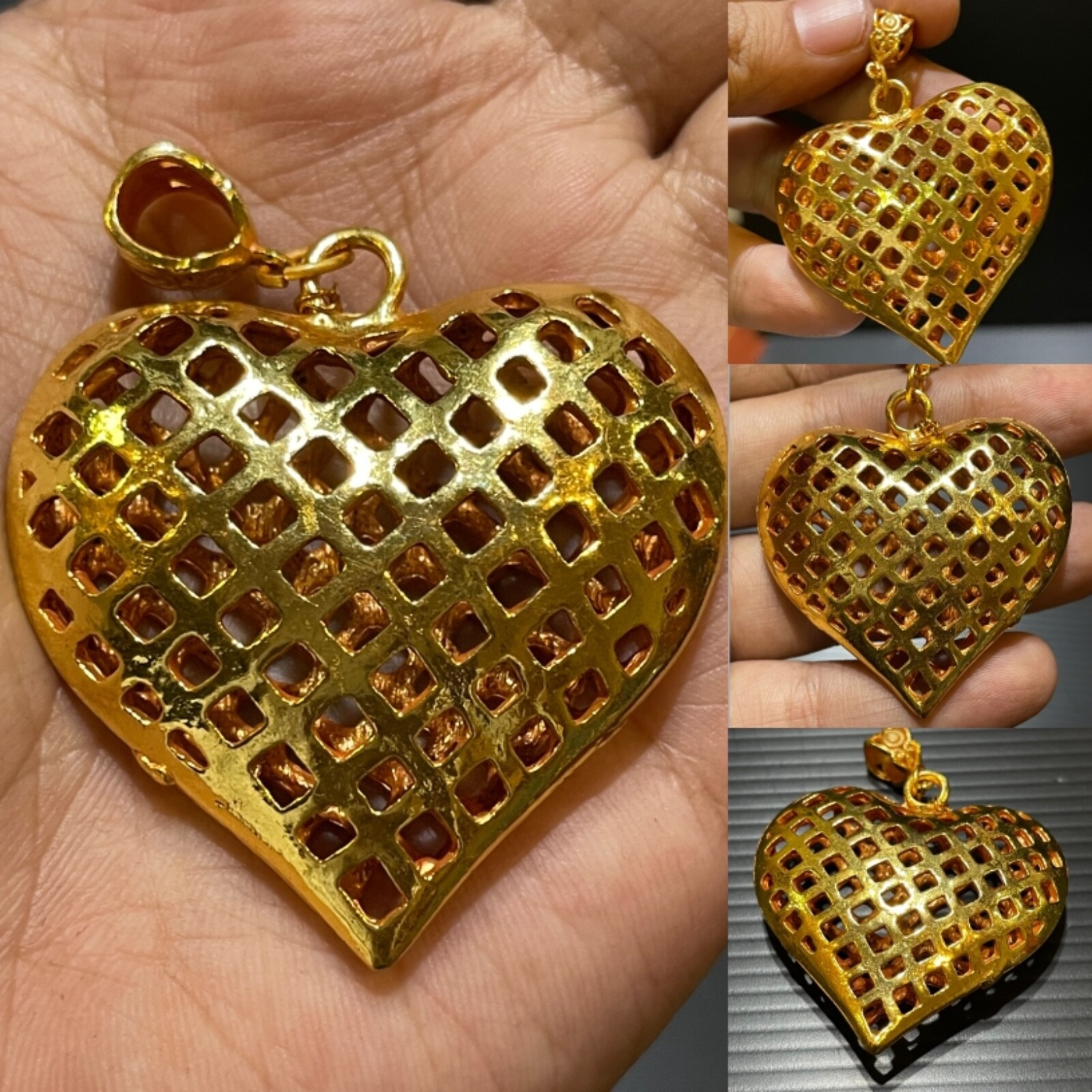 LOVELY ANTIQUE SILVER GOLD GILDING LUCKY HEART PENDANT 