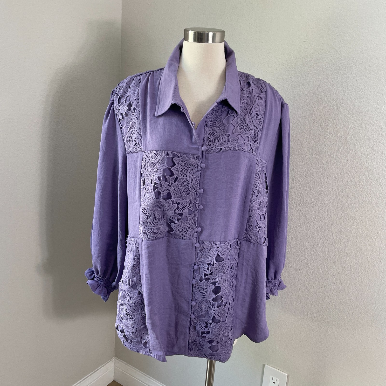 Indigo Thread Co Womens Plus 2X Crochet Accent Boho Button Up Shirt Top Purple Indigo Thread Co Womens Plus 2X Crochet Accent Boho Button Up Shirt Top Purple