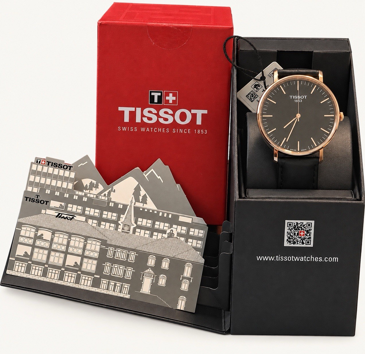 Tissot Everytime Swiss Quartz Watch Black Dial Rose Gold Tone Leather Strap NWT