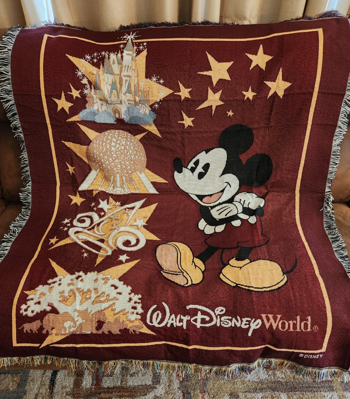 Vintage Walt Disney World Tapestry Woven Throw Blanket Red Gold Mickey Mouse T7