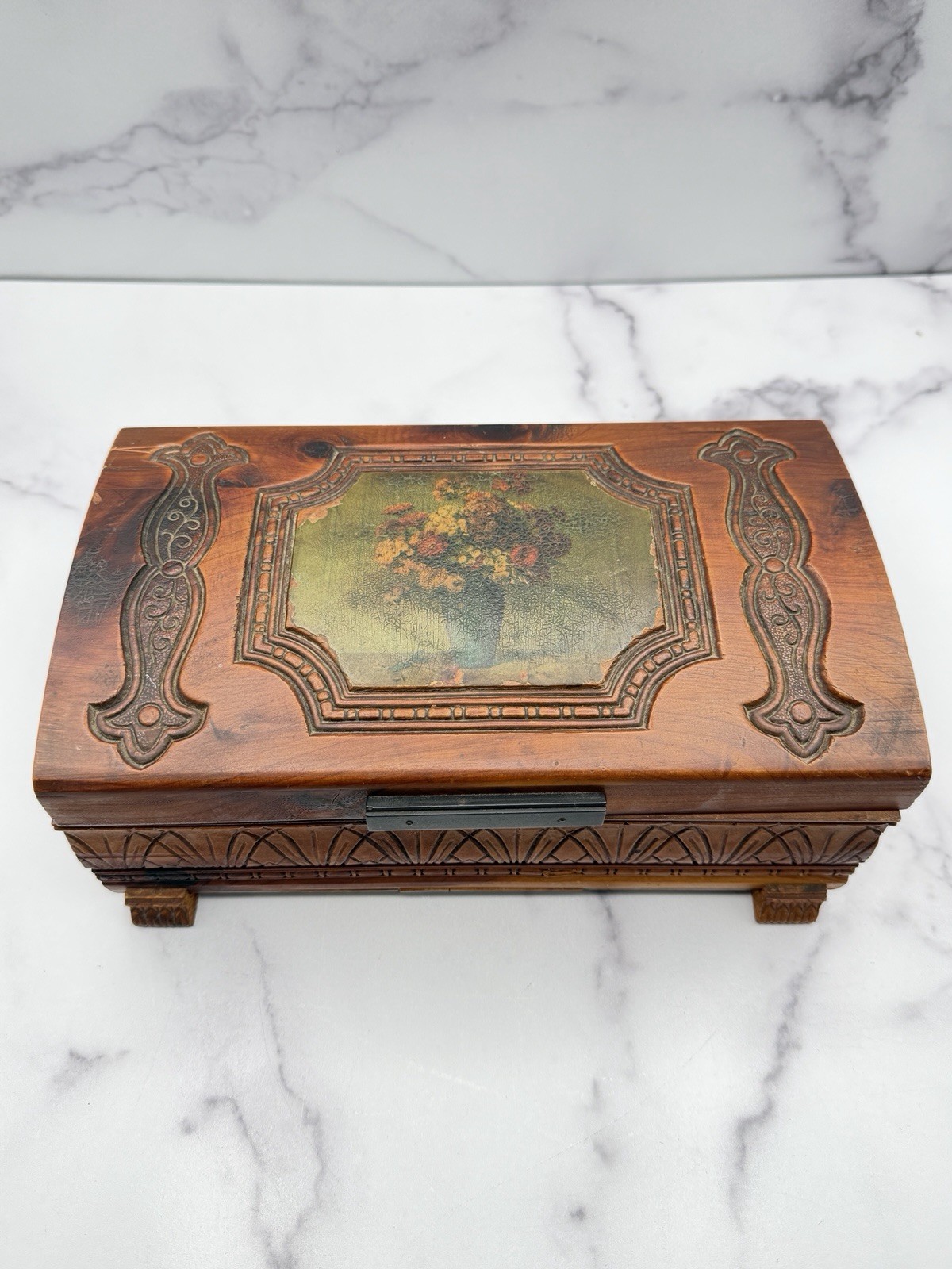 Vintage Carved Wood Jewelry Keepsake Box Mirror Floral Print Domed Lid