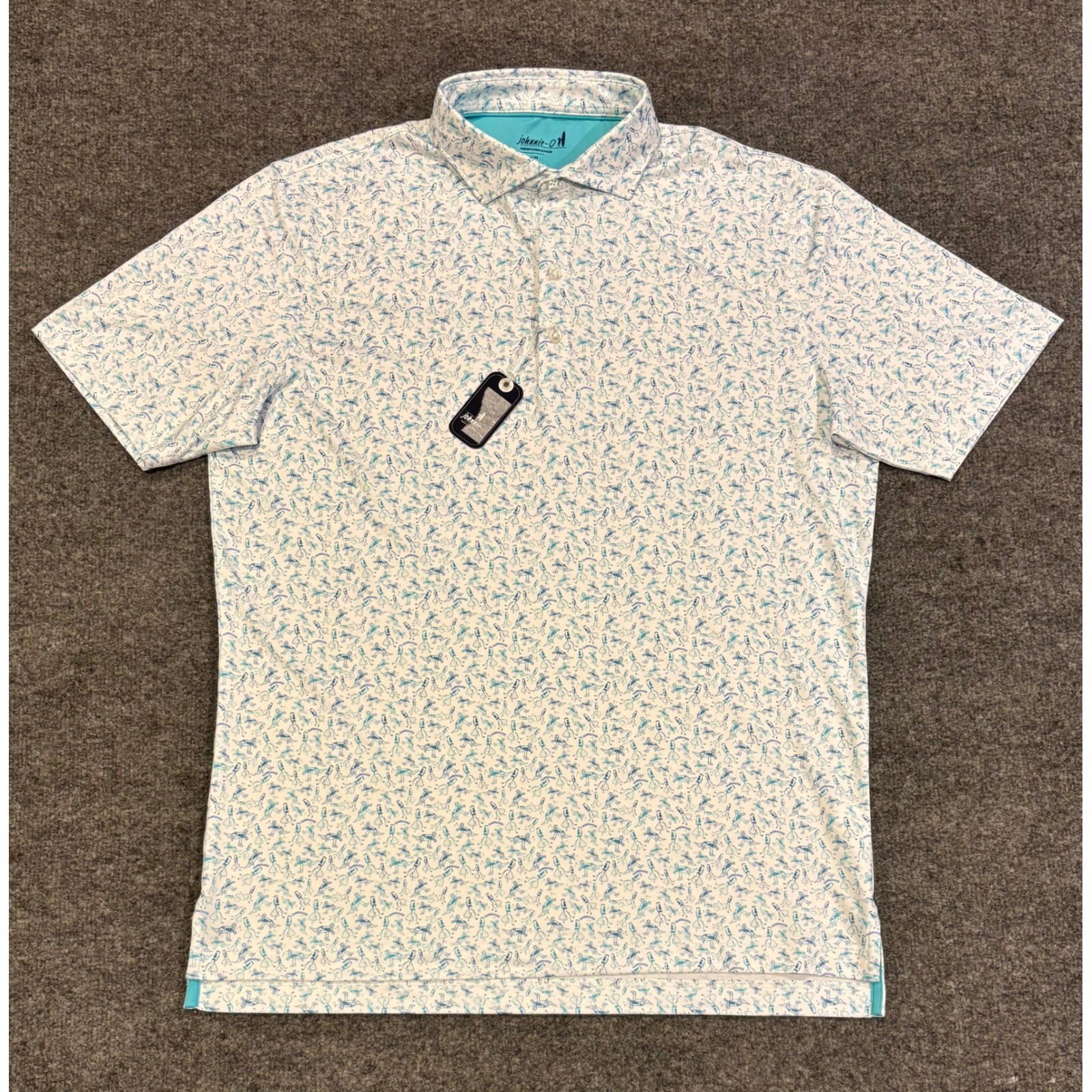 Johnnie-O Performance Sand Bagger Polo Shirt Mens Medium White Golf Print UPF 50
