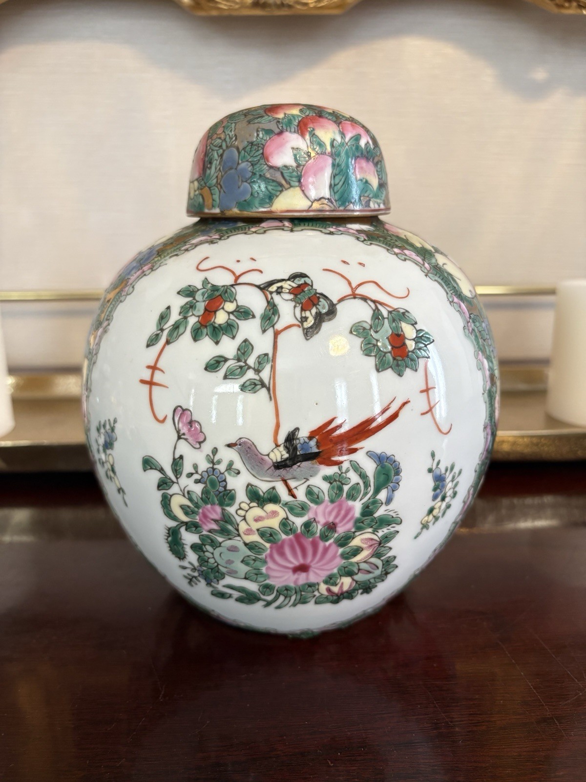 Vintage Chinoiserie Famille Rose Style Porcelain Ginger Jar Lid Birds Flowers