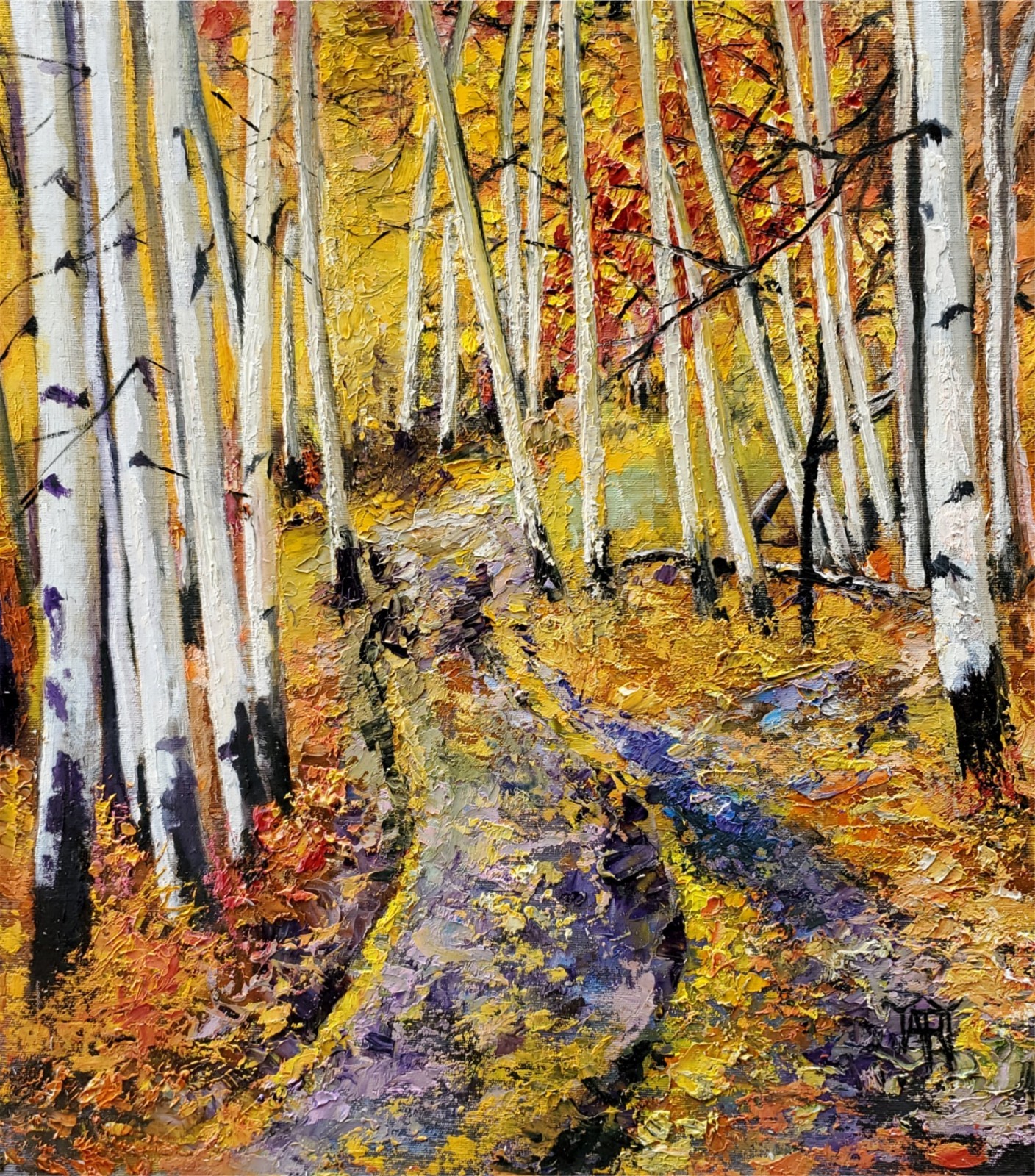 YARY DLUHOS Aspen Trees Landscape Rural Country Road Original Art Oil Painting