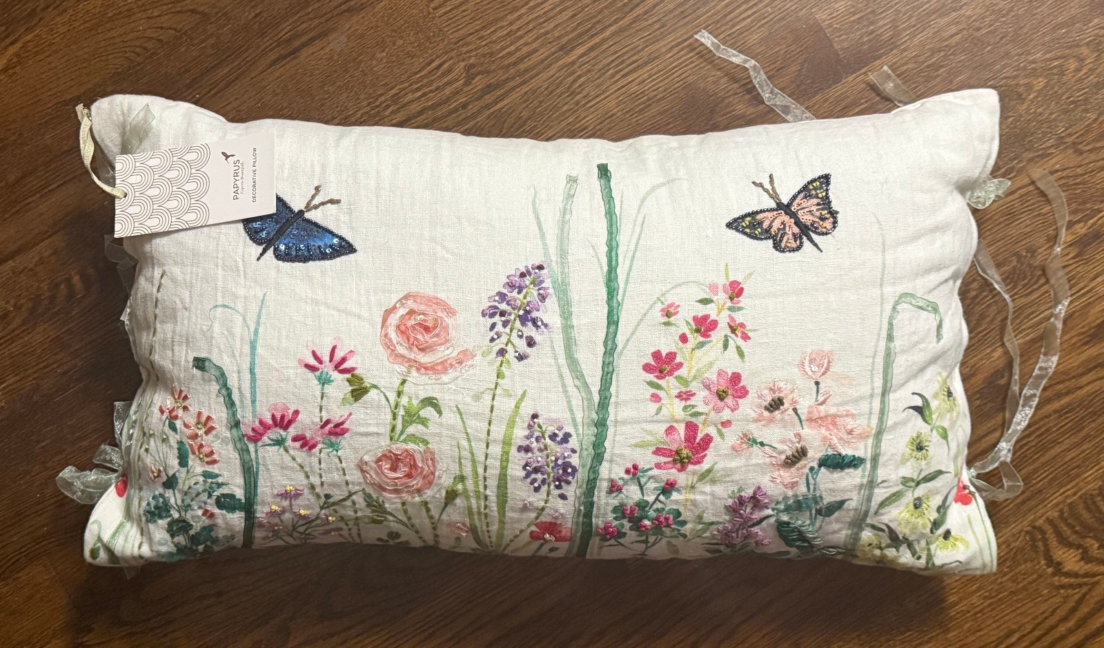 Papyrus Decorative Lumbar Pillow Embroidered Flowers Butterflies New Tag