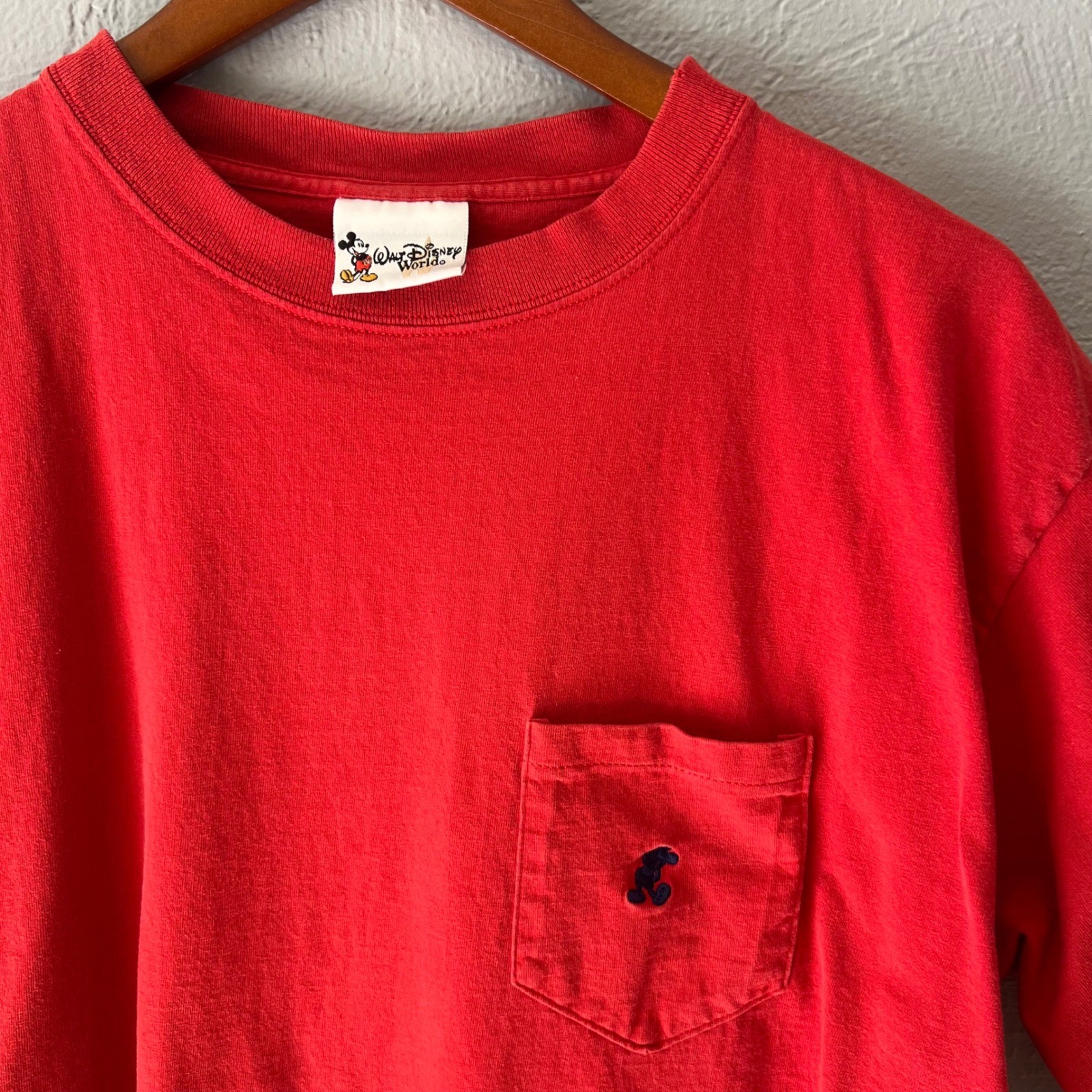 Vintage Walt Disney World Mickey Mouse Pocket T-Shirt Red Made in USA Large