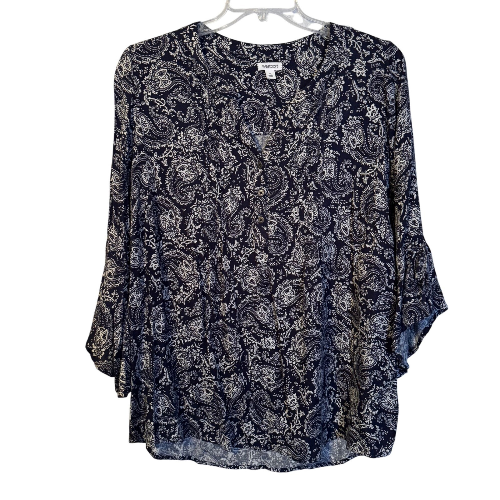 Westport Womens Blouse Sz 1X Navy & White Paisley Print 3/4 Sleeve Blouse