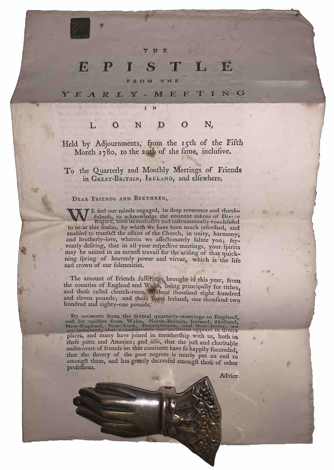 1780, QUAKER EPISTLE, LONDON MEETING SOCIETY OF FRIENDS, RELIGION, BLECKLY