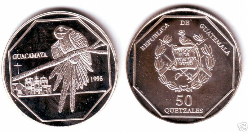 Rare 1995 Guatemala Cu-Ni 50 Q Parrot pattern,mntg150