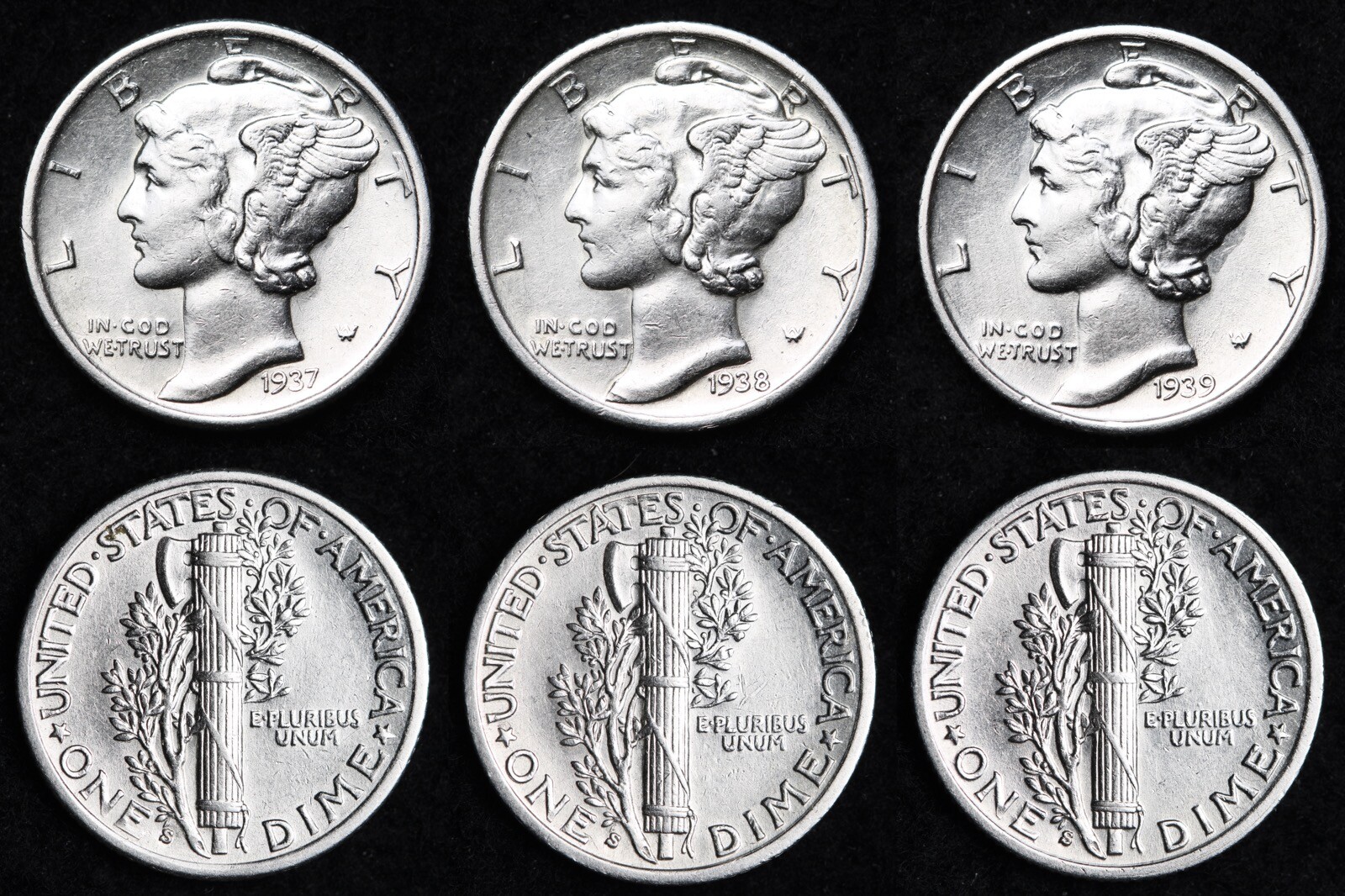 1937-S & 1938-S & 1939-S Mercury Silver Dime Nice AU 3 Coin Lot 