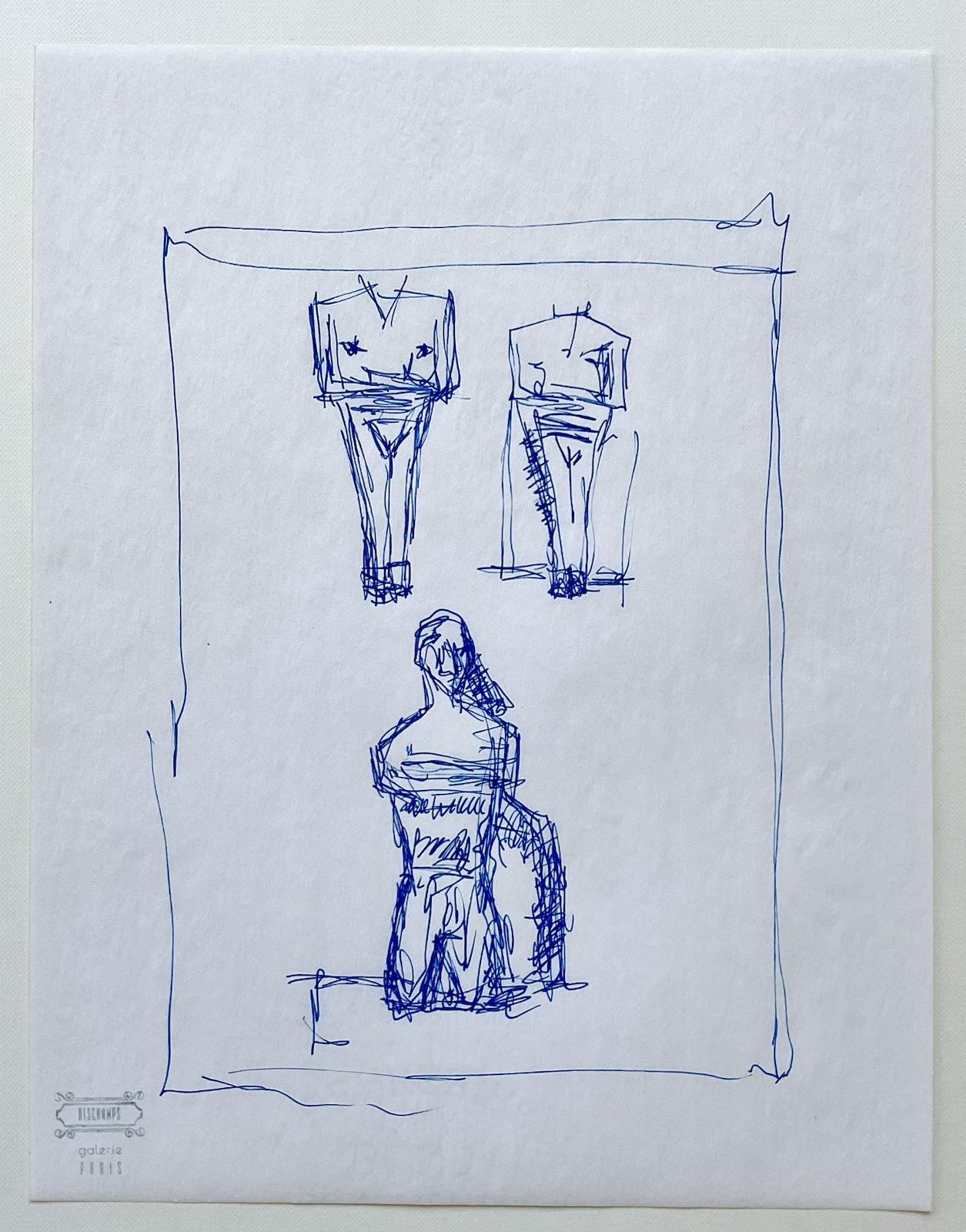 Vintage French Expressionist Blue Ink Drawing Mid Century Modern Figures Study