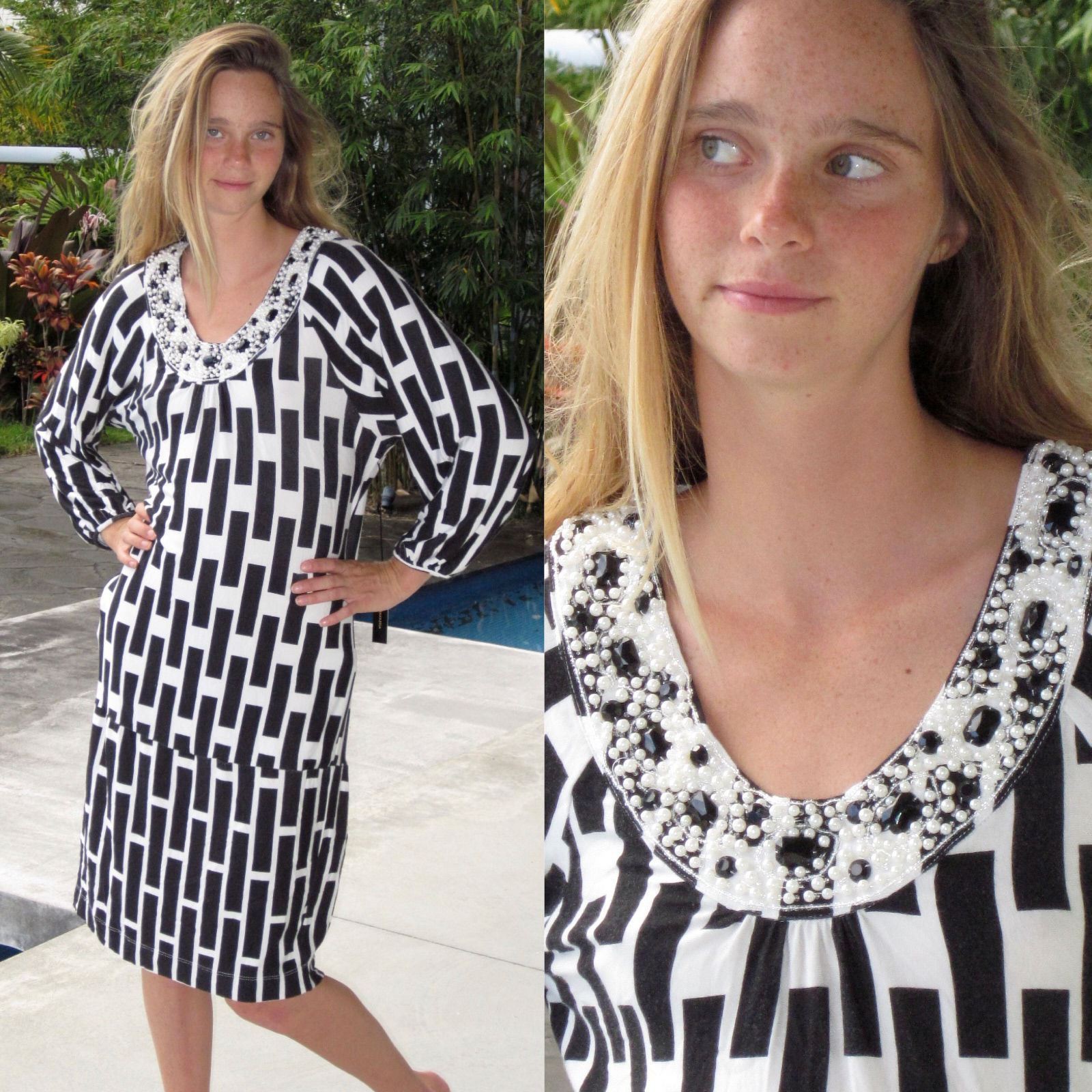 BCBG Max Azria SUBWAY TILE PRINT BEADED Op Art Mod URBAN DRESS ORIG $210 New L