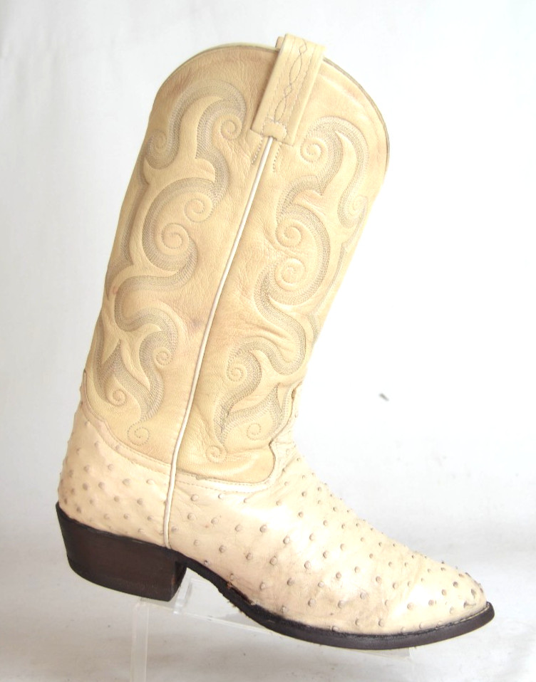 Tony Lama Men\'s 9 EE Full Quill Ostrich Leather Cowboy Boots Beige Tan 8862