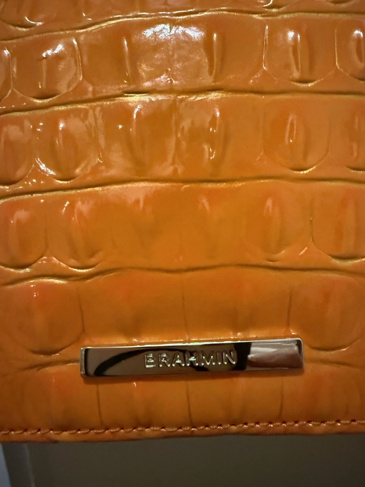 Brahmin Orange Croc-Embossed Crossbody Bag Snap Closure Zipper Charm Silver