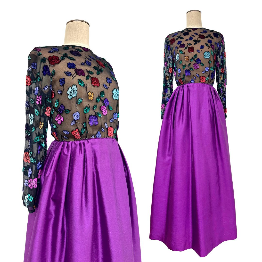 Vintage 1980s Jarin by Ruben Panis Floral Nude Illusion Purple Skirt Gown