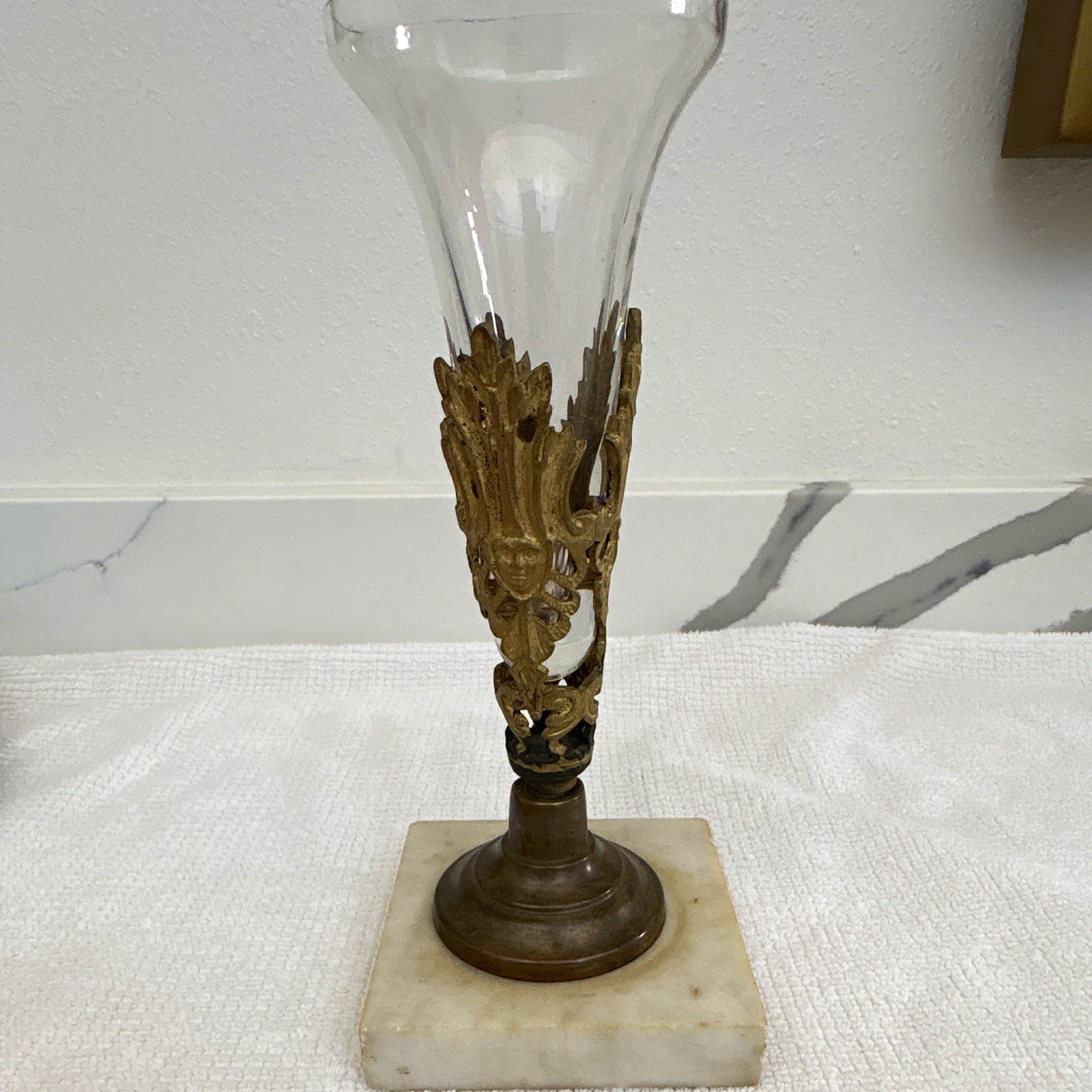 Antique 19thC French Ormolu Bronze & Glass Trumpet Vase Neoclassical Marble Base Antique 19thC French Ormolu Bronze & Glass Trumpet Vase Neoclassical Marble Base