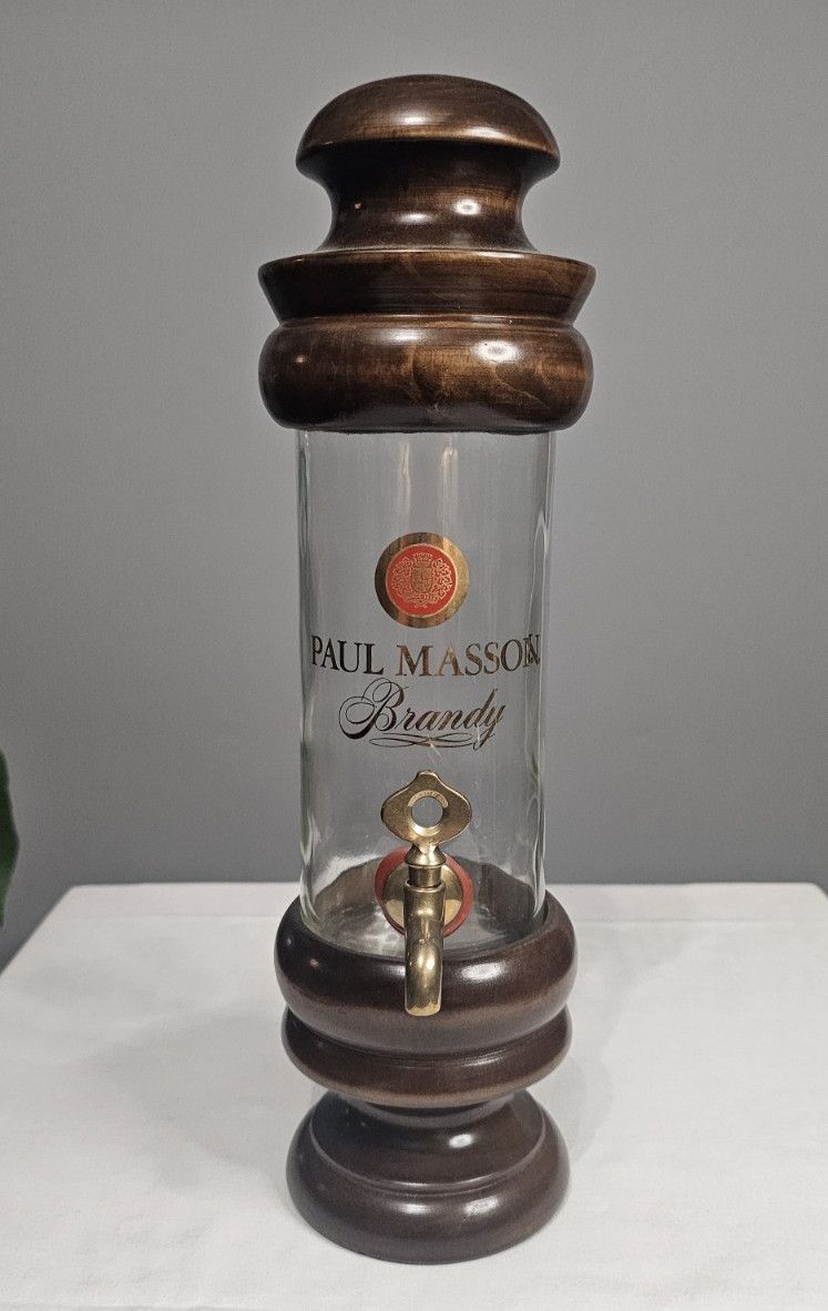Vintage Paul Masson Brandy Dispenser Wood Brass Glass Bar Decanter Tap ~17”