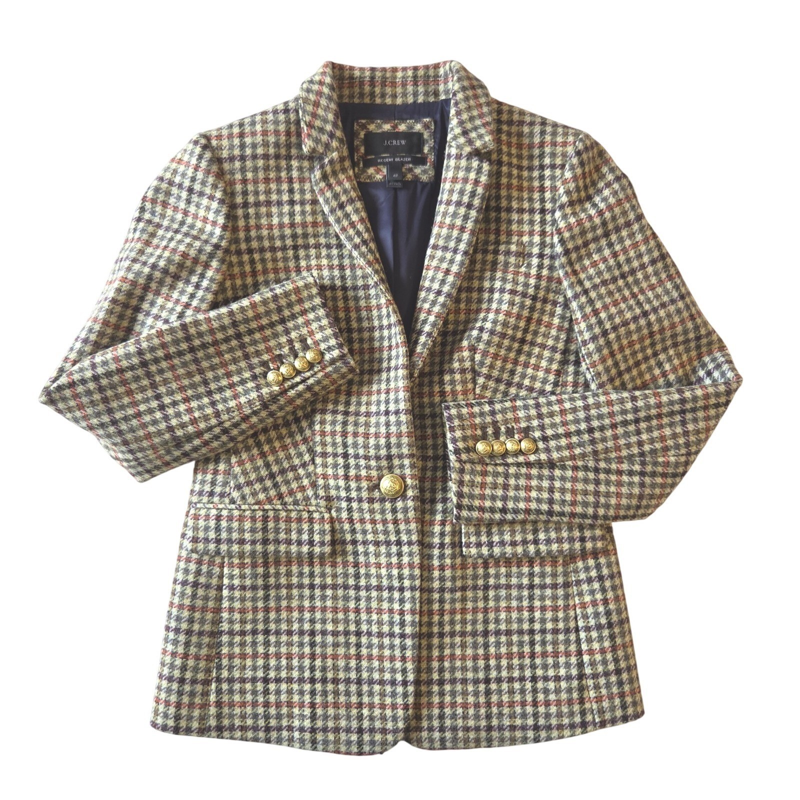 J.Crew Regent Blazer 4P Abraham Moon Wool Houndstooth Plaid Gold Buttons NWOT