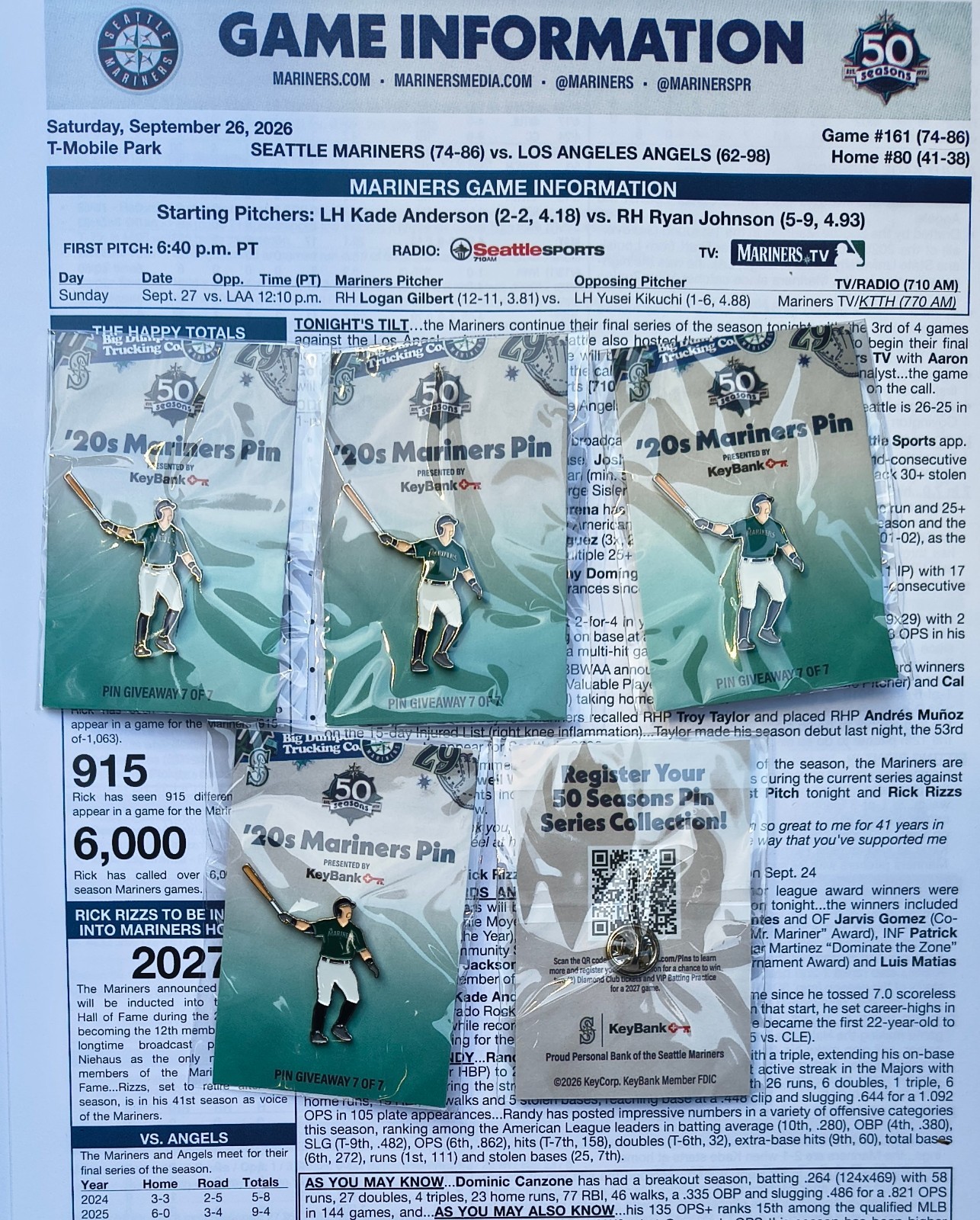 One (1) Seattle Mariners 2026 '20s Pin Night Cal Raleigh SGA 9/26/26, giveaway 7