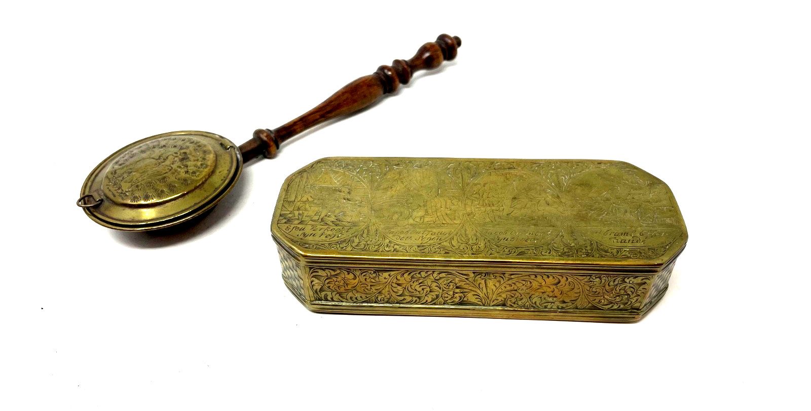 lot of 2, An Early 18th Century Dutch Tabacco box and Miniature Bed Warmer Tray