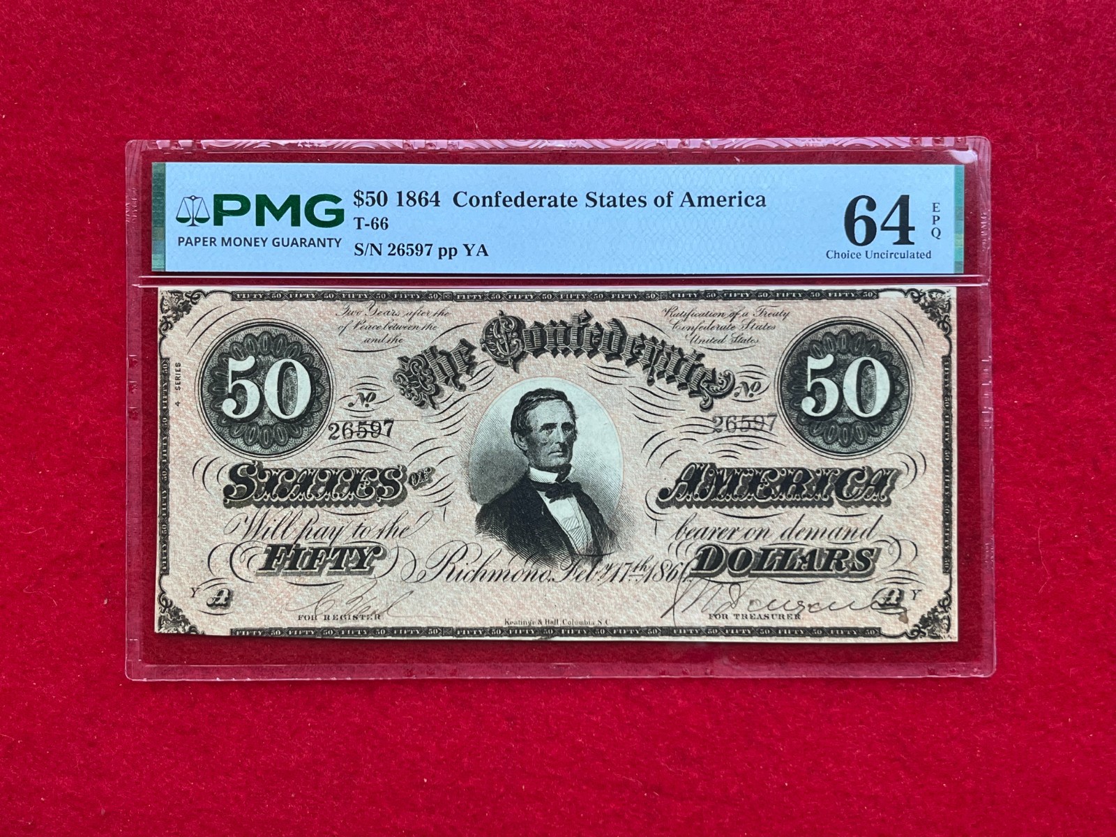 T-66 1864 $50 CSA Confederate Note \