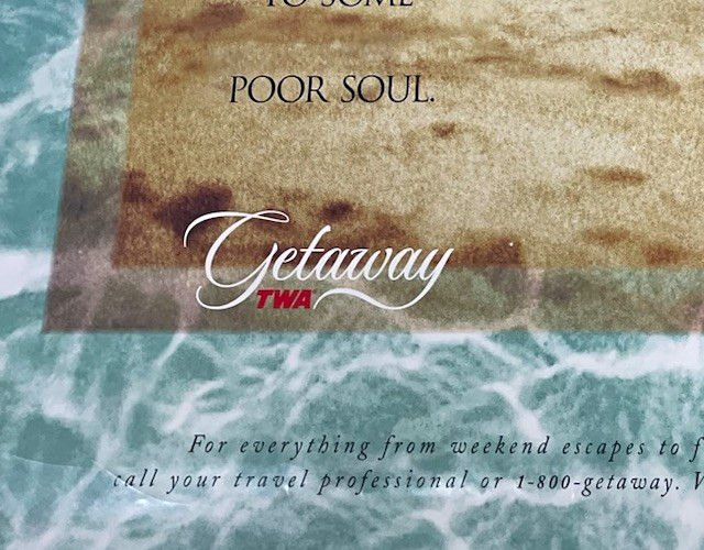 TWA Getaway Travel Poster 1999 RARE Green/Beige Paper Vertical 38 x 26 in Beach TWA Getaway Travel Poster 1999 RARE Green/Beige Paper Vertical 38 x 26 in Beach