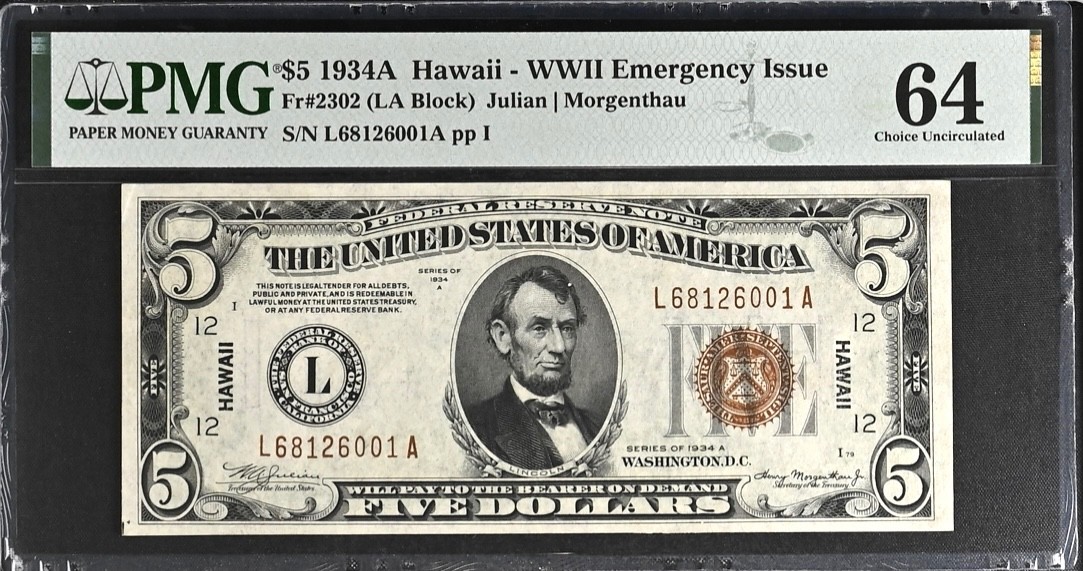 1934A $5 Hawaii Emergency Issue Note PMG 64 FR. 2302 Julian Morgenathau