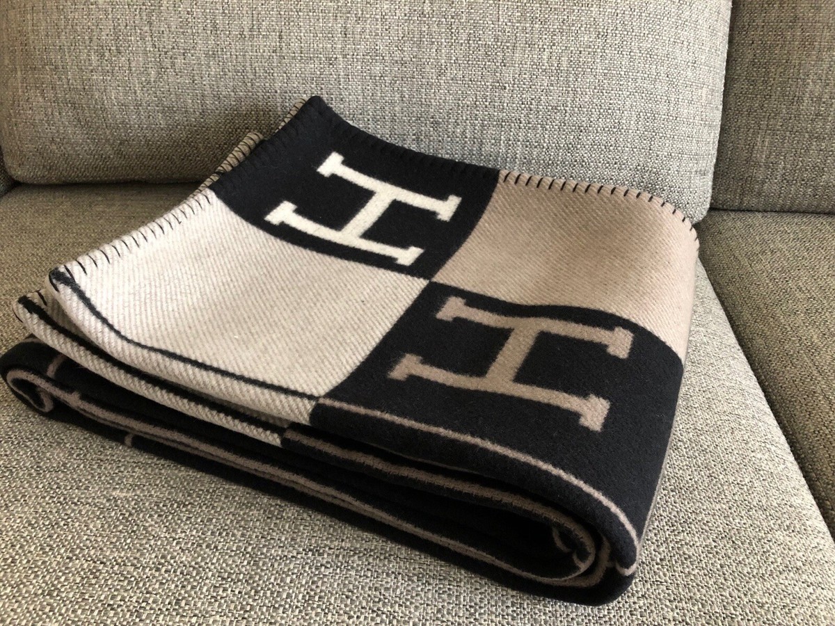 HERMES Avalon Blanket - Écru / Noir - Wool Cashmere - Fast Ship ✅ 