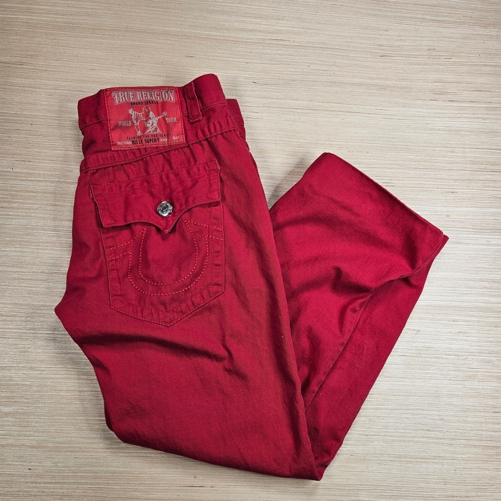 True Religion Billy Super T Pants Mens 36 Red Straight Leg Jeans READ SIZE STAIN