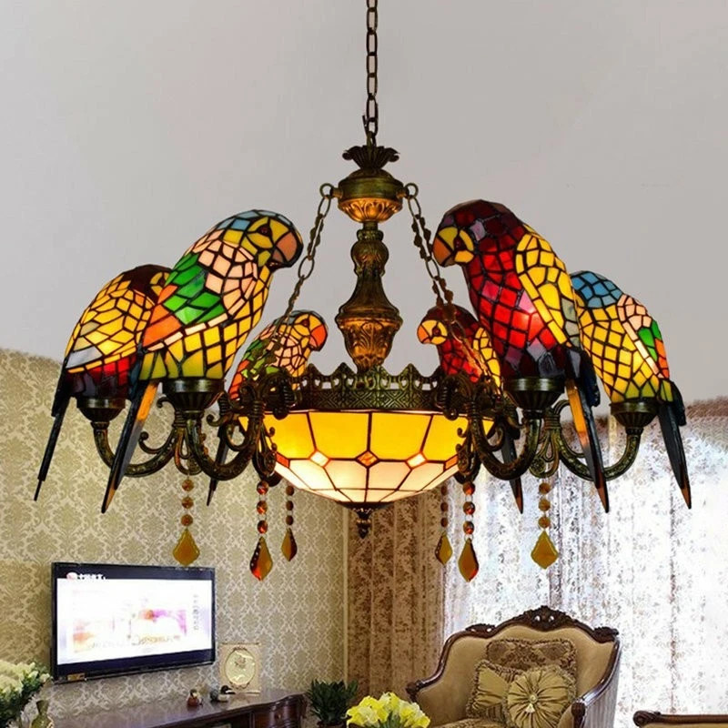Tiffany Stained Glass Parrots Chandelier Indoor Colorful Pendant Ceiling Light