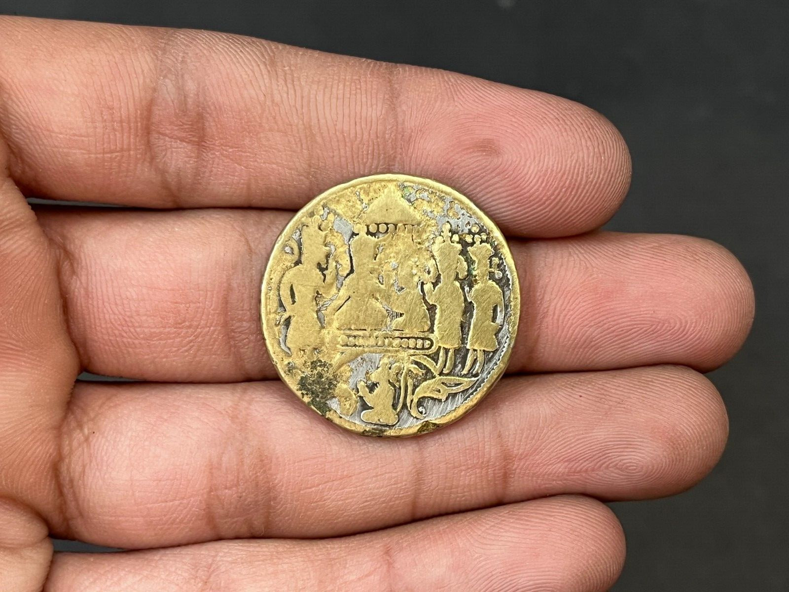 Antique Old 1740's Ram Darbar Rare Brass Coin Hindu God Carved Coin Collectible