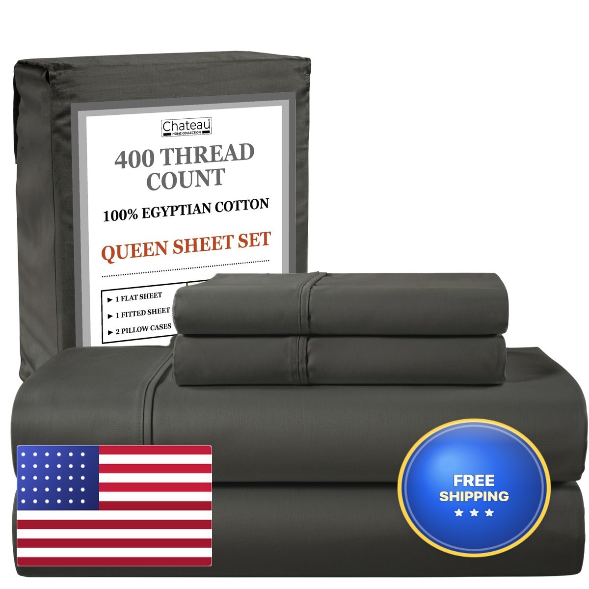 CHATEAU HOME COLLECTION Queen Sheet Set 400 Thread Count - Charcoal