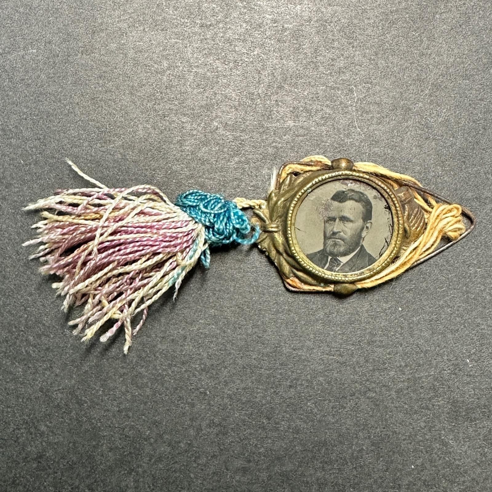 Antique Ulysses S Grant Presidential Campaign Ferrotype Tintype Tassel Lapel Pin