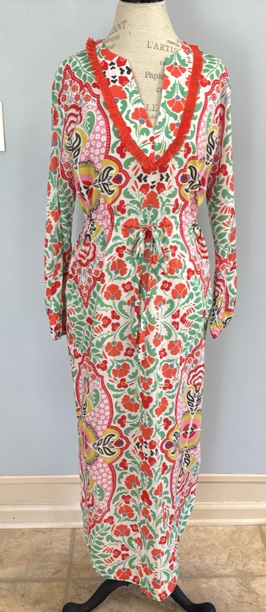 Boden Fringe Trim Detail Kaftan Maxi Dress NWT US 8 Bright Papaya Orange Green Boden Fringe Trim Detail Kaftan Maxi Dress NWT US 8 Bright Papaya Orange Green