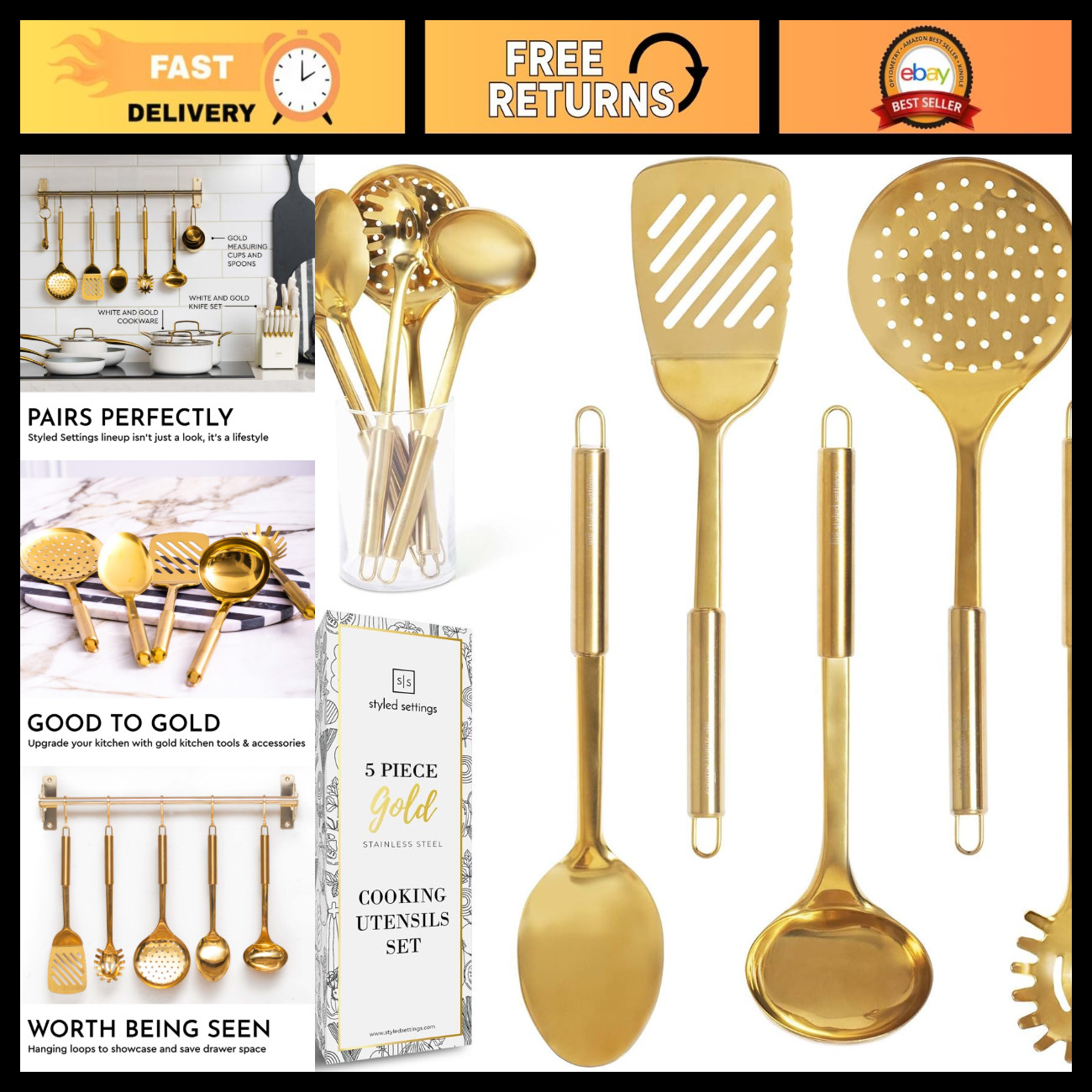 5-Piece Gold Cooking Utensils Set - Premium Kitchen Tools, Non-Stick, Durable