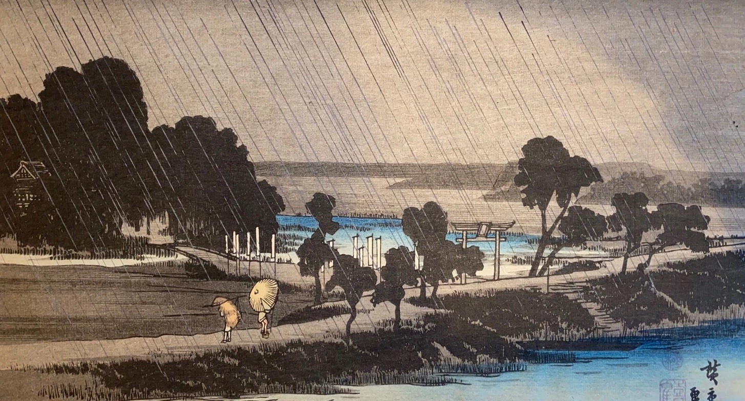 Evening Rain at Azuma-no-Mori – After Utagawa Hiroshige Japanese Woodblock Print