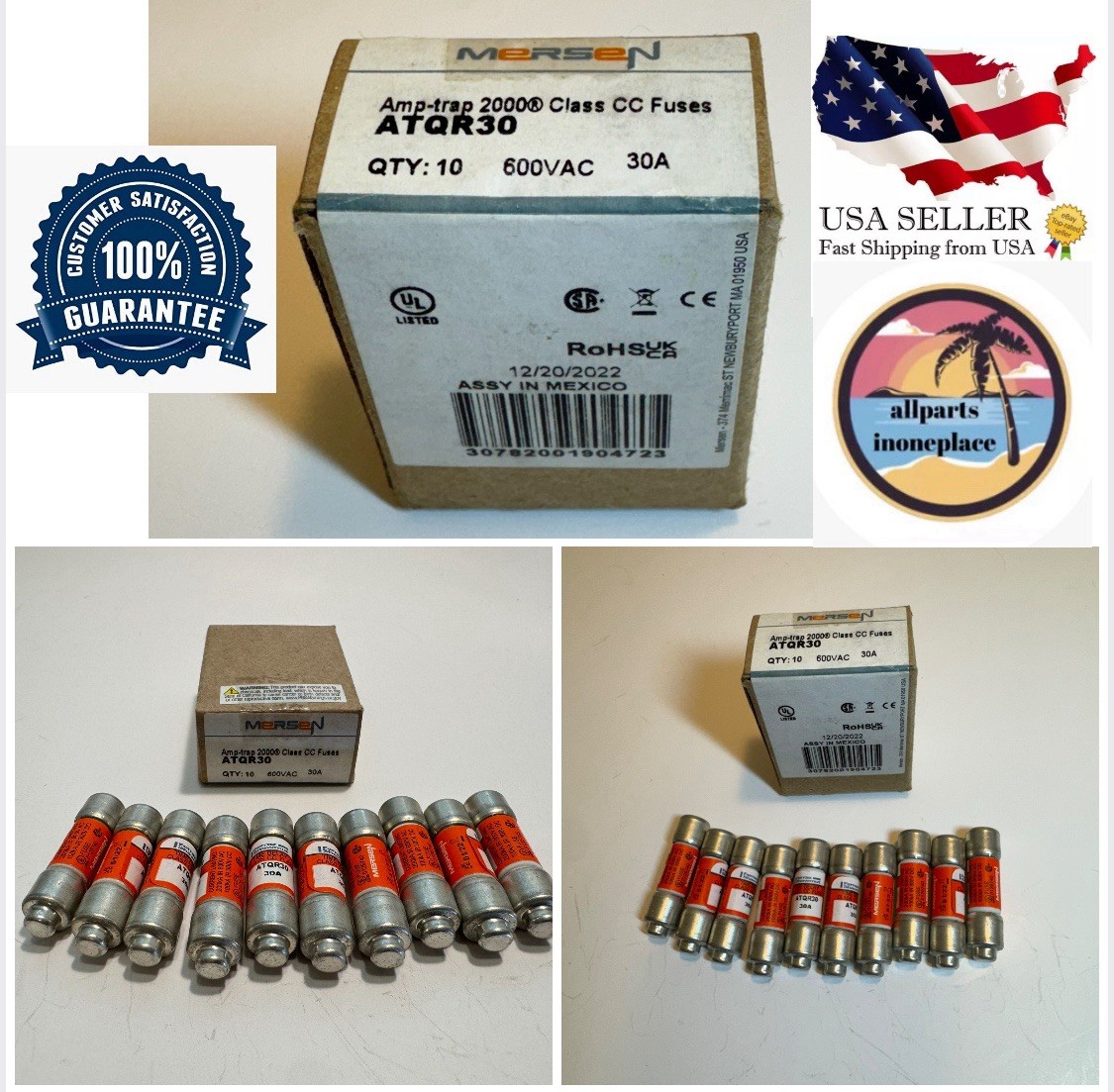 Pack of 10 Mersen ATQR30 30A 600Vac Fuse Amp-trap 2000 Class CC Fuces