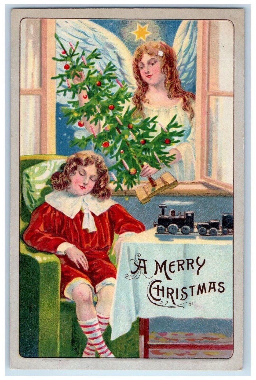 c1910\'s Christmas Tree Decorated Angel Boy Train Embossed Antique Postcard