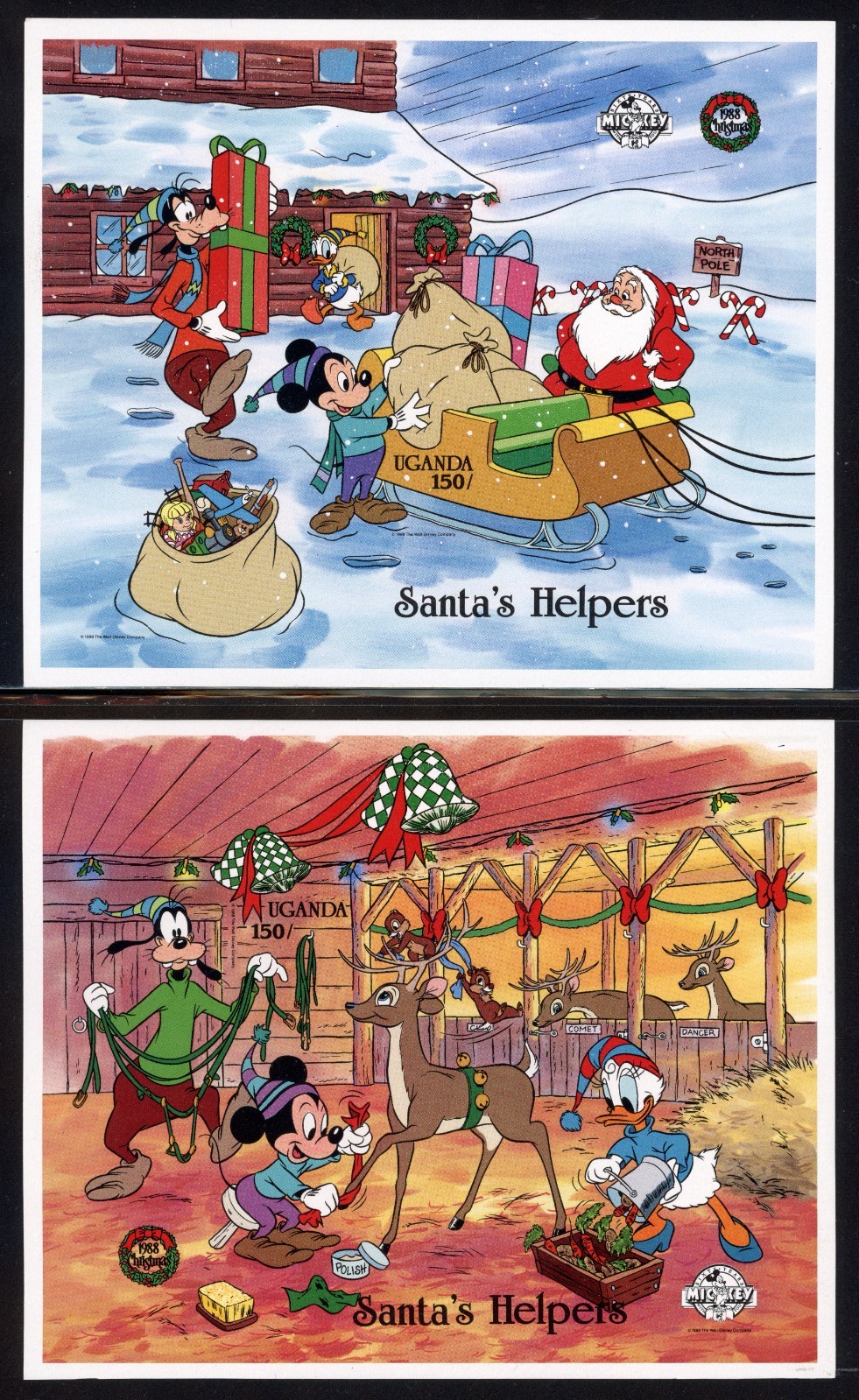 Uganda 1988 Disney Mickey\'s Christmas Scott# 649-650 RARE Imperforate Proof XF Uganda 1988 Disney Mickey\'s Christmas Scott# 649-650 RARE Imperforate Proof XF