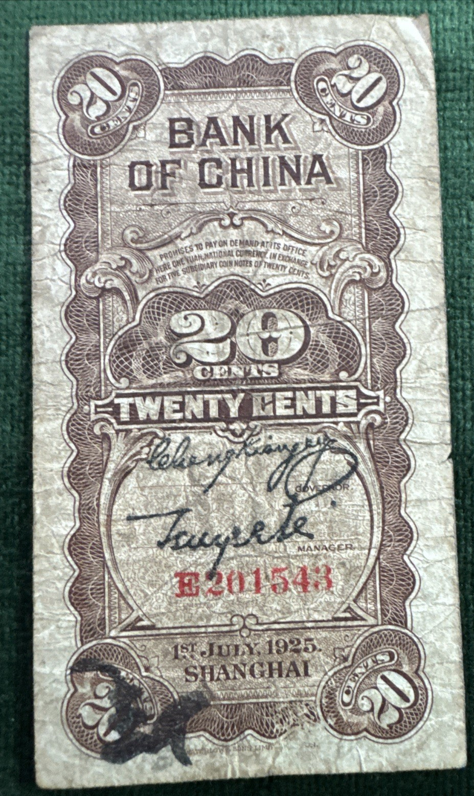 1925 Bank of China 20 Cents Pick 64 Very Fine Details-Pen Mark 
