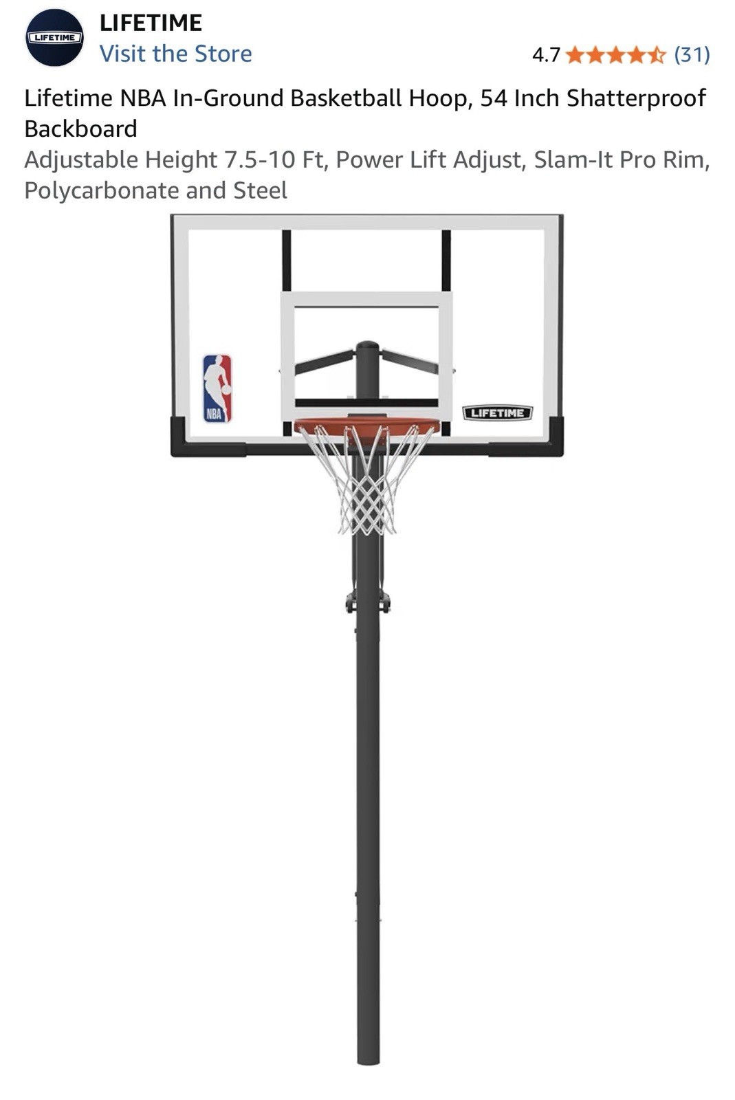 Lifetime NBA In-Ground Basketball Hoop, 54 in Backboard, Adjustable Height
