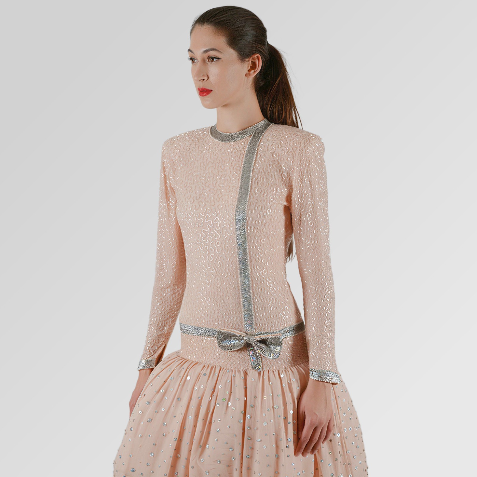 Vintage 1980s Lily Ruben Pink Silk Bubble Dress Sequins Mother of Pearl Beads
