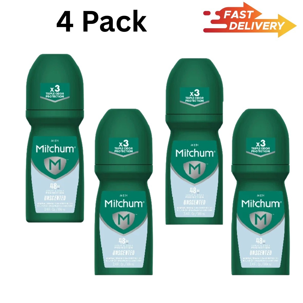 Mitchum Men Roll-On Antiperspirant Deodorant, Unscented, 3.4 Ounces  PACK OF 4