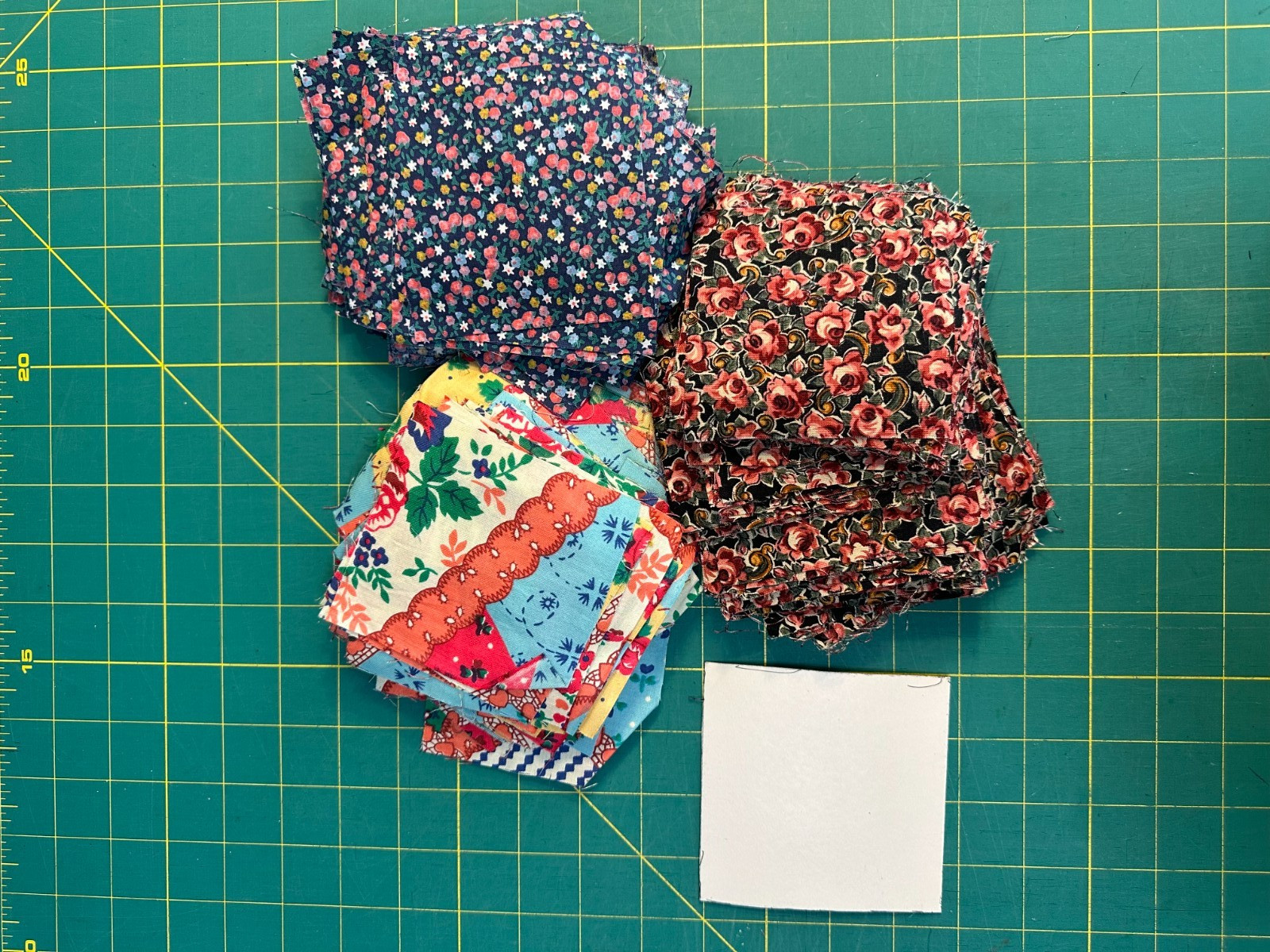 Vintage Pre-cut c1950-70 Fabrics in Square Shape with Cardboard Template