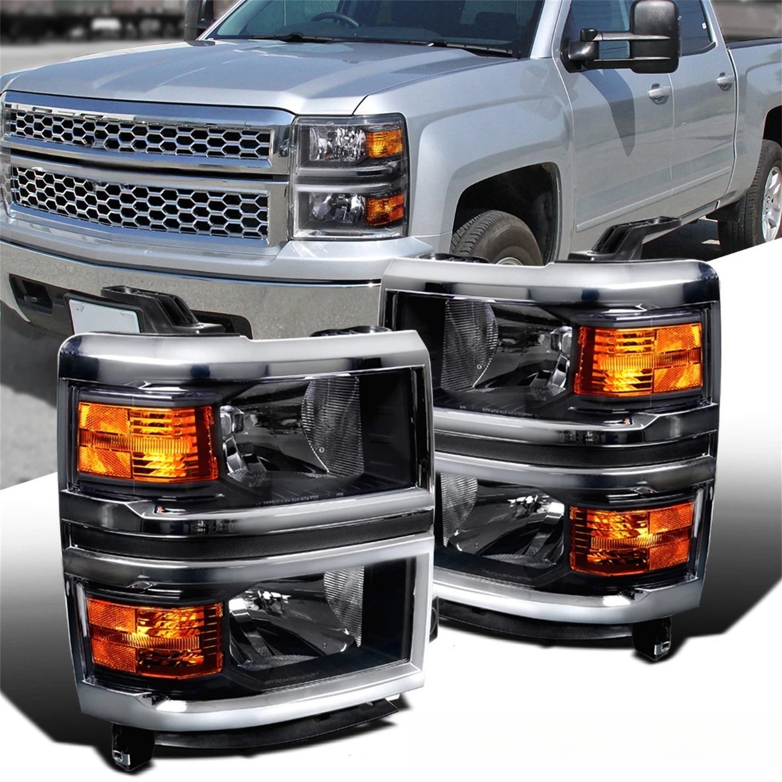 For 2014-2015 Chevy Silverado 1500 Black Headlights Headlamps Left + Right Pair
